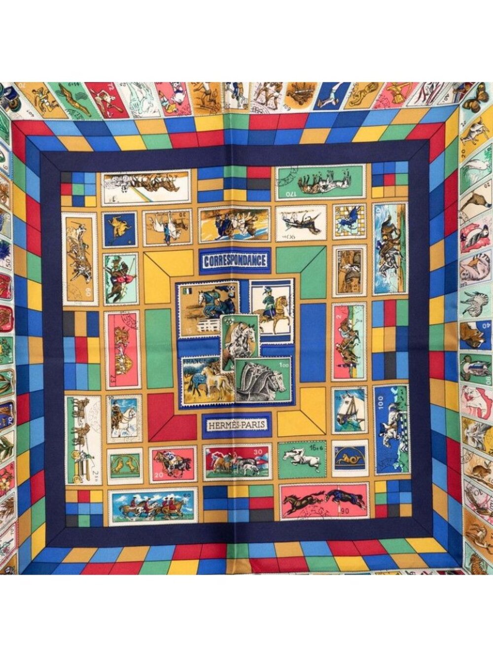 ★SOLD★ Hermes Carre 90 Correspondanc Scarf Navy Multicolor Silk - Picture 2 of 7